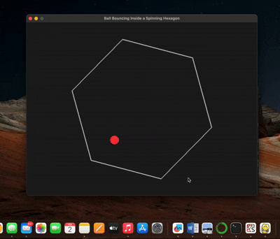 A red ball bouncing inside a rotating white hexagon